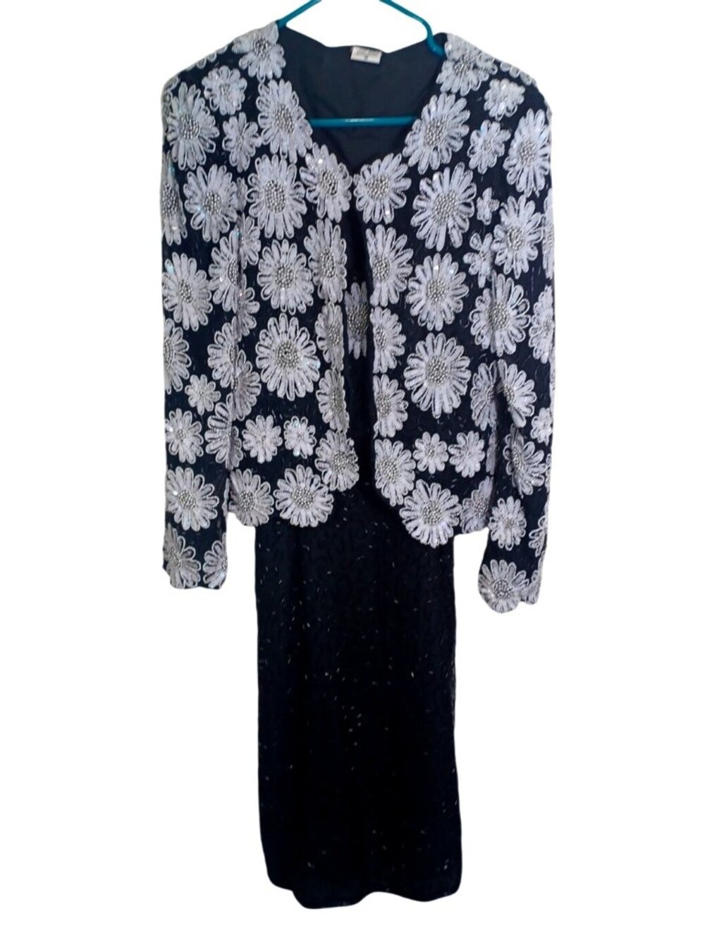 Pure Silk Black White Floral Hand Beaded Women M Vintage Evening Dress & Jacket - Picture 7 of 16
